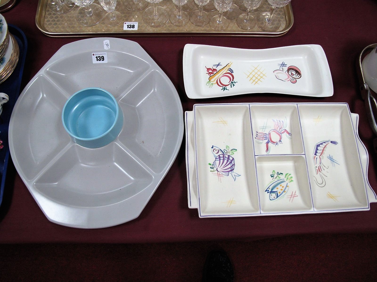 Poole Pottery Mid XX Century Four Section Hors D'Oeuvres Dish, decorated with sea creatures after