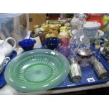 A Decanter, 1930's pressed glass fruit bowl, sucrier, pair of blue glass bon bon dishes, etc:- One