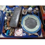A XIX Century Willow Pattern Plate, pottery figures, pewter topped box, etc:- One Tray