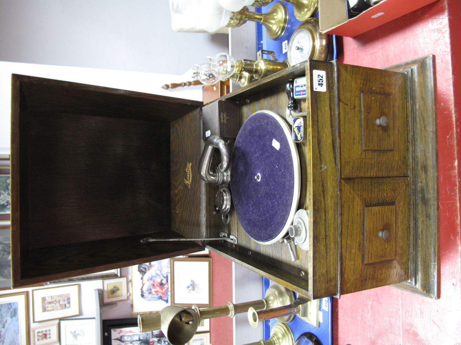 A 1930's Maxitone Oak Cased Table Top Gramophone, cushion hinged lid with internal decals, with