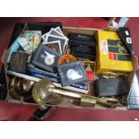 Brass Ladles, ashtrays, Heritage watches, horse brasses, wedding knife, camera, etc:- One Box