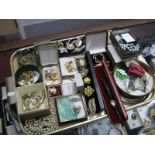 Assorted Costume Jewellery, including brooches, beads, earrings, wristwatch, etc:- One Tray