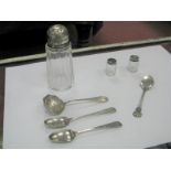 A Hallmarked Silver Topped Glass Sugar Shaker; together with a pair of miniature shakers and three