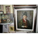 Clive Savage-Morton- "Tyrolean Musician", Oil, framed, 61 x 49cm, and another oil, "Figures in an