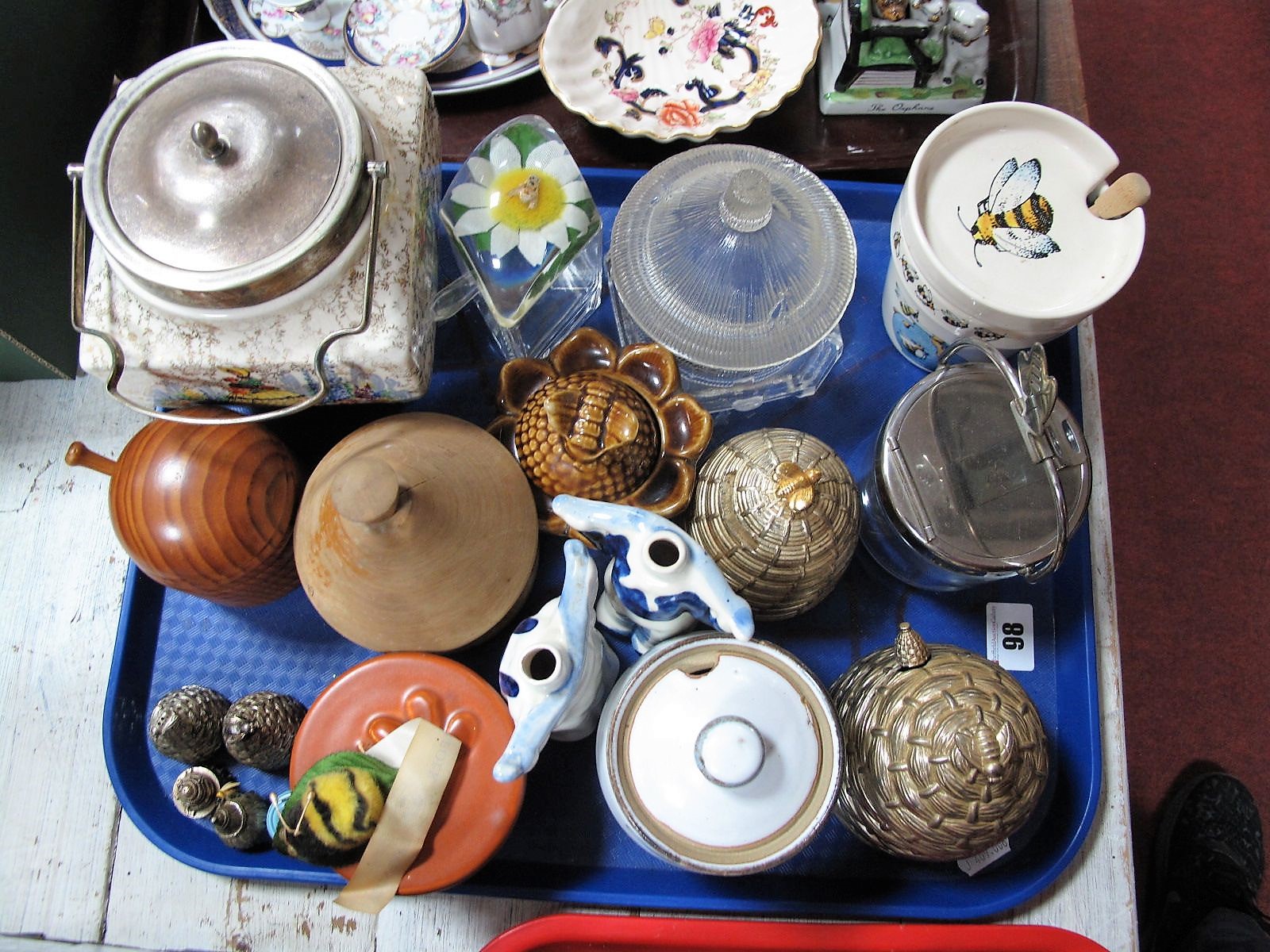 Lancaster Biscuit Jar, quantity of honey pots, including glass and white metal examples:- One Tray