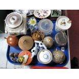 Lancaster Biscuit Jar, quantity of honey pots, including glass and white metal examples:- One Tray