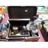 A Mahogany Brass Bound Box, (damaged), an oak rectangular box, treen jar and cover, 'Burra Bears'