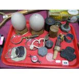 Ostrich Eggs, cased medicine glass, treen pots, magnifiers, Killarney clover leaf pin tray, The