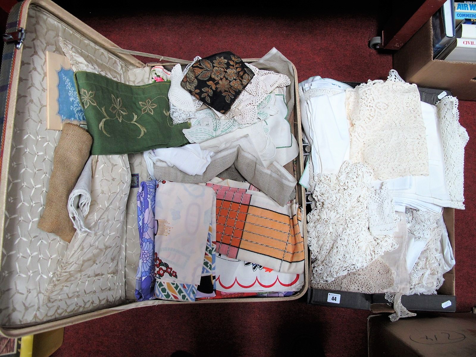 Crochet and Embroidered Table Linen, tapestry panels, etc:- One Box and a Suitcase.