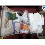 Crochet and Embroidered Table Linen, tapestry panels, etc:- One Box and a Suitcase.