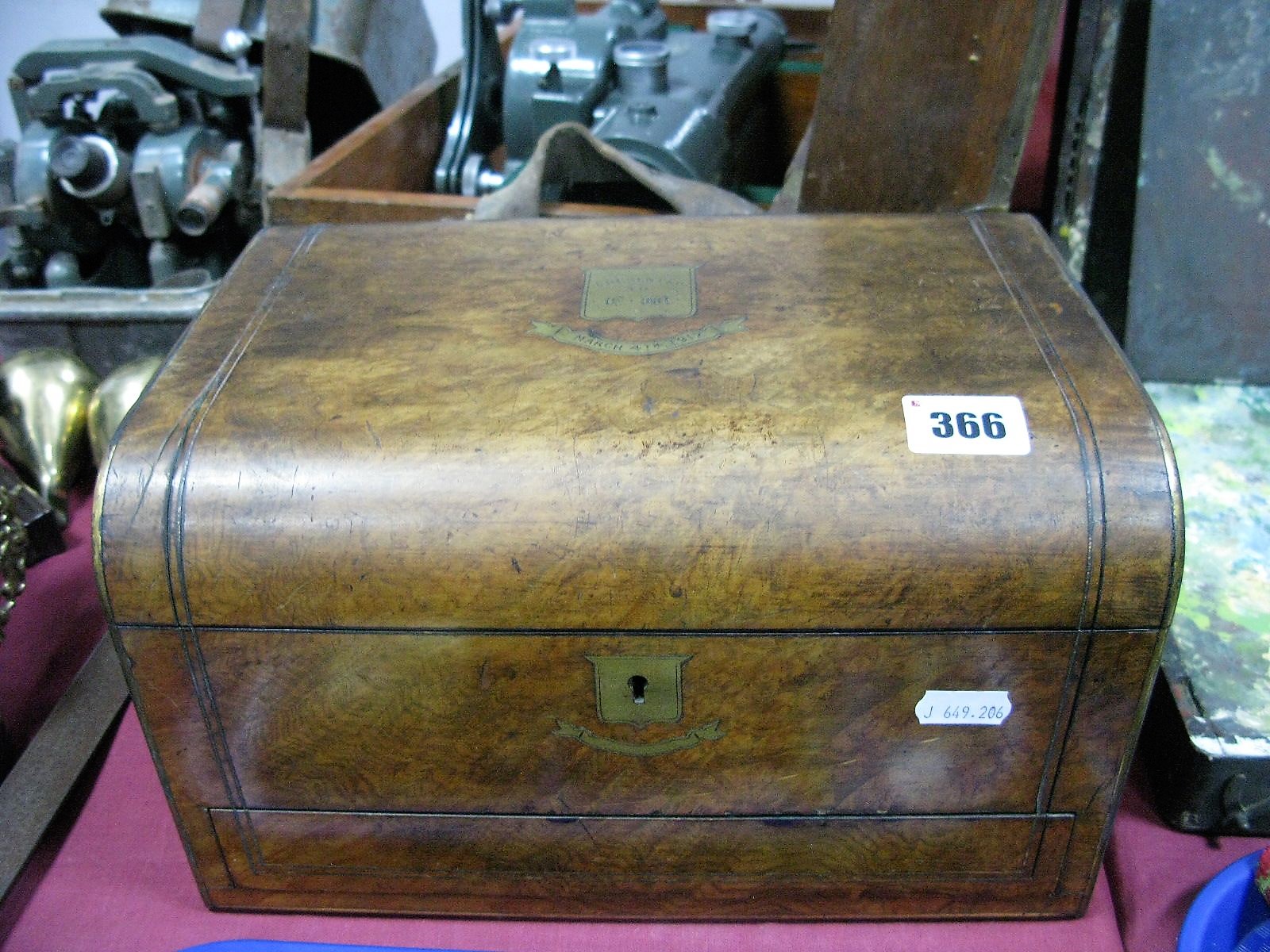 A XIX Century Walnut Dome Topped Needlework Box, with brass strip inlay and 1917 presentation