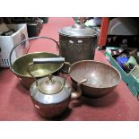 A Copper and Brass Log Bucket, kettle, bowl, brass jam pan having iron loop handle. (4)