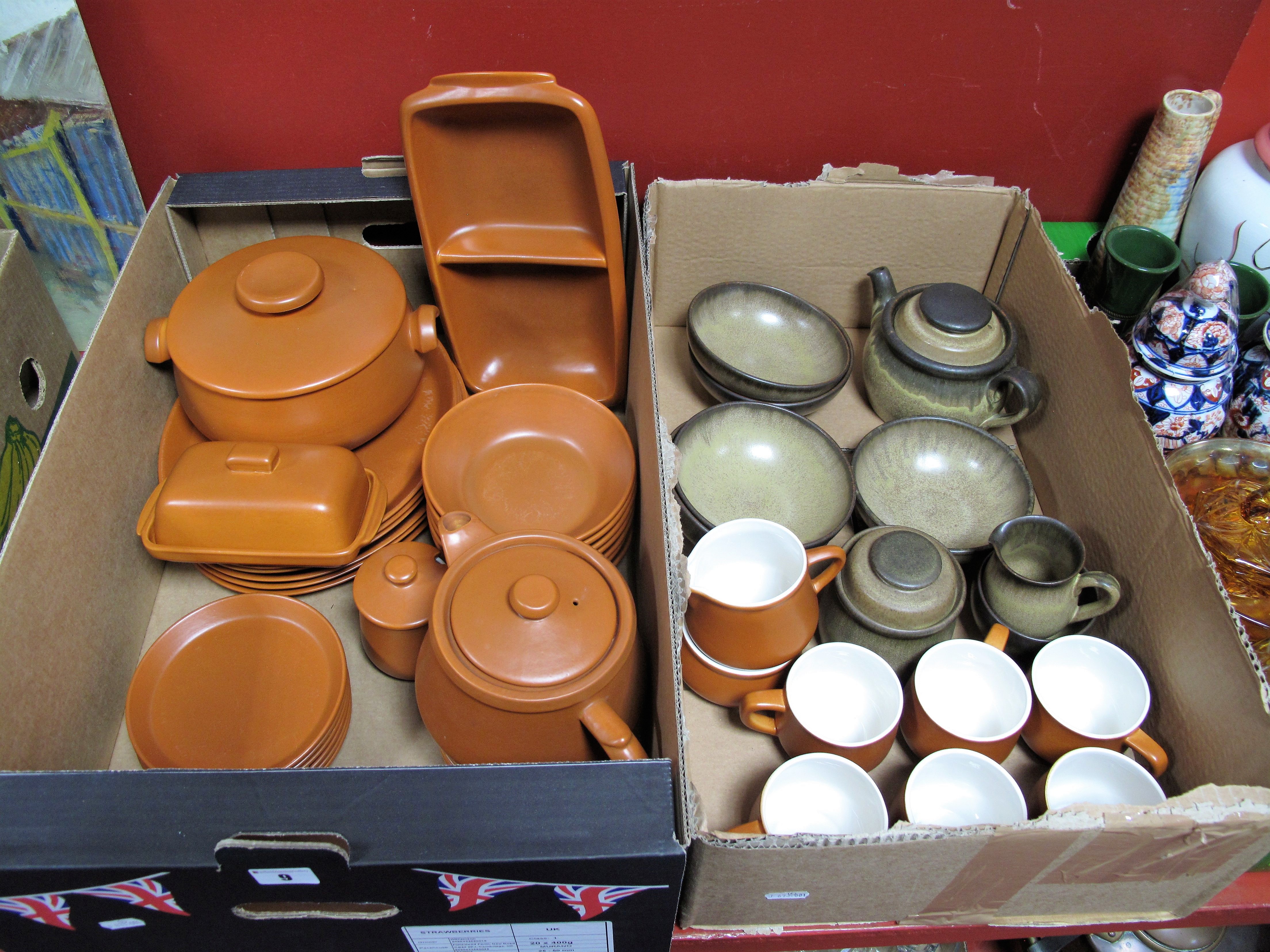 Denby "Romany" Table Ware, of nine pieces, including teapot, Honiton pottery terracotta coloured