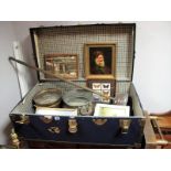 An 'Overpond' Travel trunk, brass fender, brass Jardiniere, copper posher and twin handled pot,