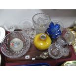 A Mottled Yellow Glass Vase, biscuit jar, Doulton fruit bowl, other glassware:- One Tray