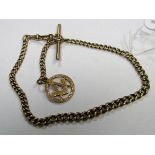 A 9ct Gold Graduated Curb Link Albert Chain, suspending T-bar and Masonic pendant.