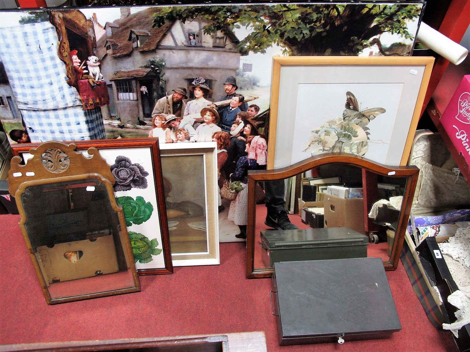 A Large Punch and Judy Print, two others smaller, two mirrors, butterfly embroidery, cash box.