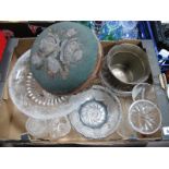 A XIX Century Foot Stool, blue flash glass fruit bowl, other glassware:- One Box
