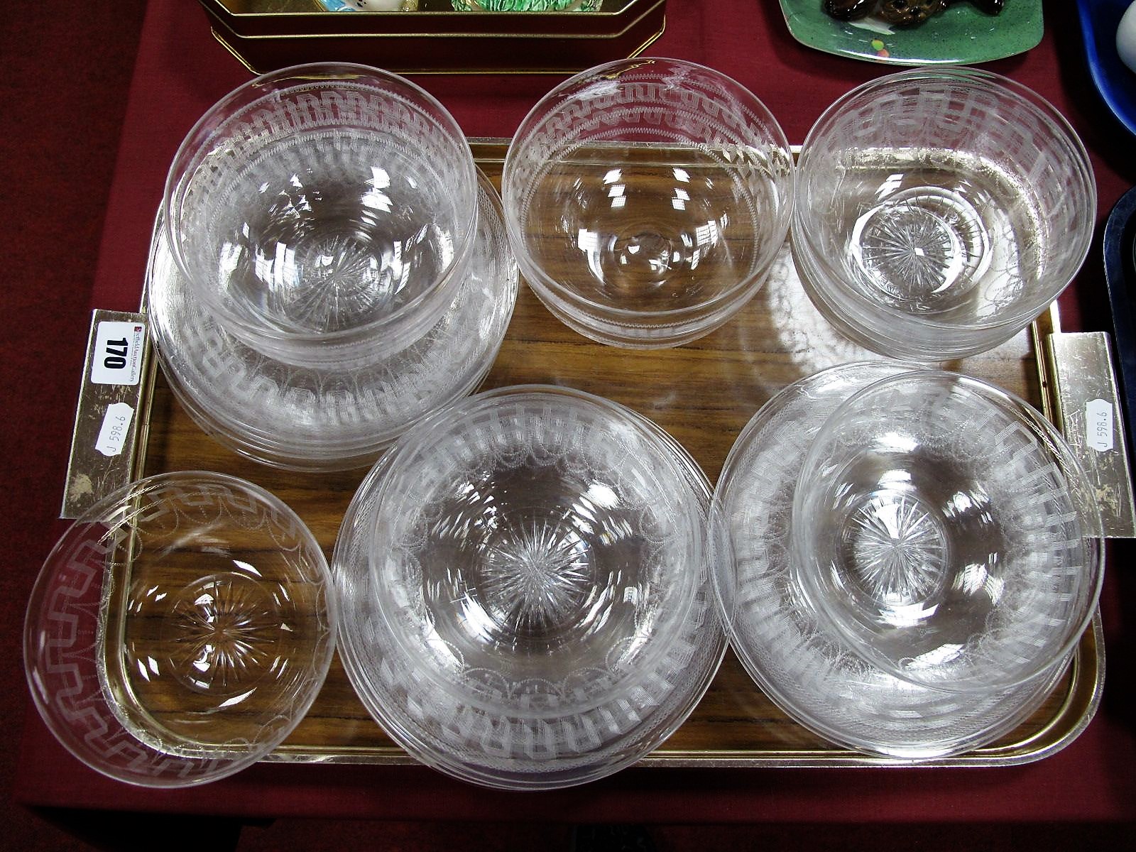 A Collection of Glass Dessert Plates, (eighteen) and bowls (twelve), each with Greek Key etched