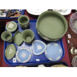 A Wedgwood Green Jasperware Fruit Bowl, 21.5cm diameter, other similar wares:- One Tray