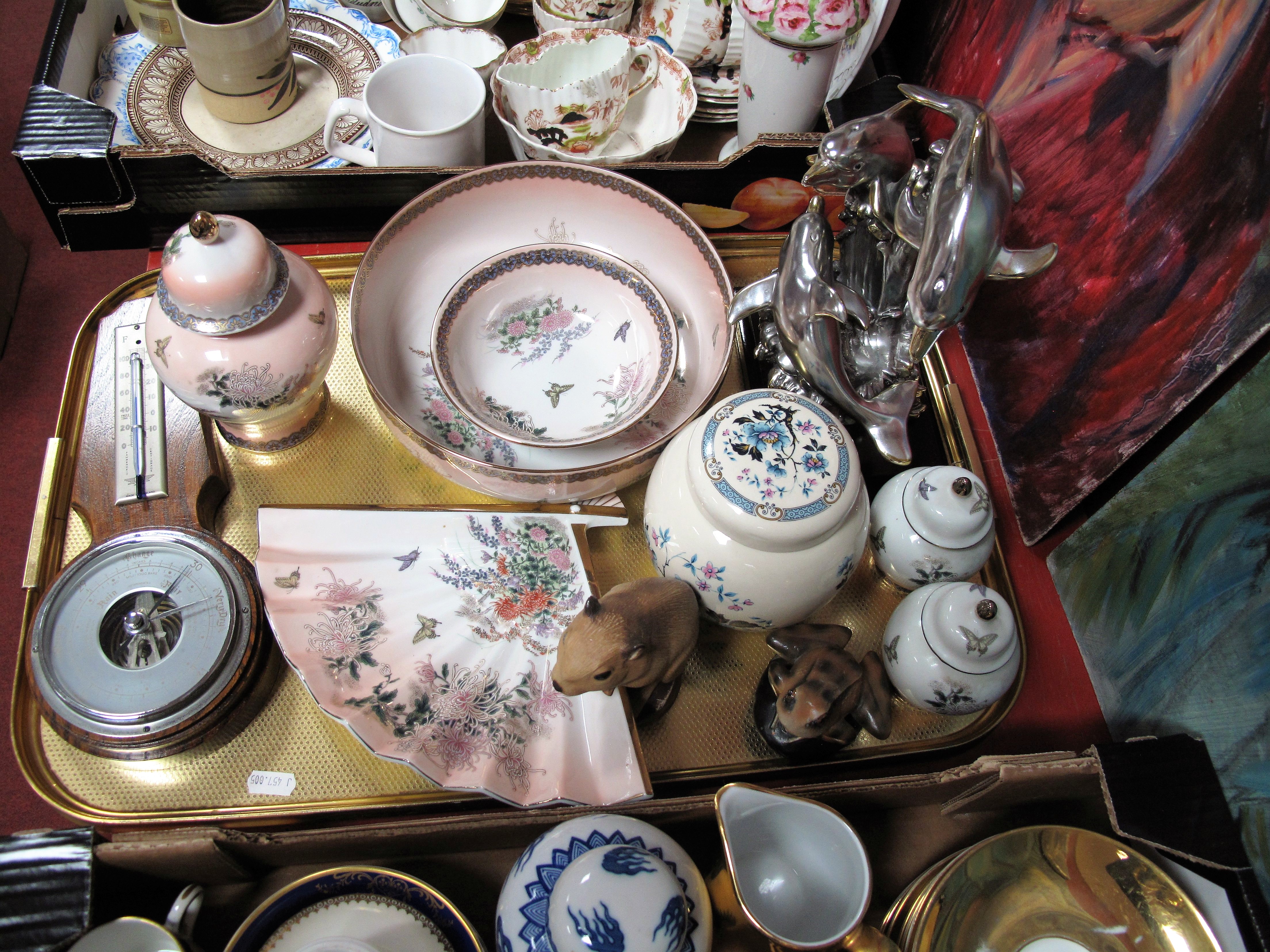 Oriental Ceramics, ginger jars, dolphin figure group, barometer, etc:- One Tray
