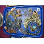 Studio Style Costume Brooches, pendants on long chains, buckles, etc:- One Tray