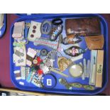 Art Deco Buckles, buttons and mother of pearl examples, needlework set, mesh purse, penknives, etc:-