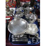 Plated Tea Wares, tea knives in fitted case, posy bowl, pedestal dish, cruet items etc:- One Tray