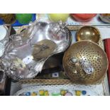 An Iron Handled Brass Sifter, two piece cruet, decorative dish, "1942-1969" brass calendar, etc:-