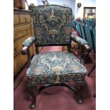 An Early XX Century Mahogany Carver Chair, with scroll hand rests, cabriole legs united by curved '