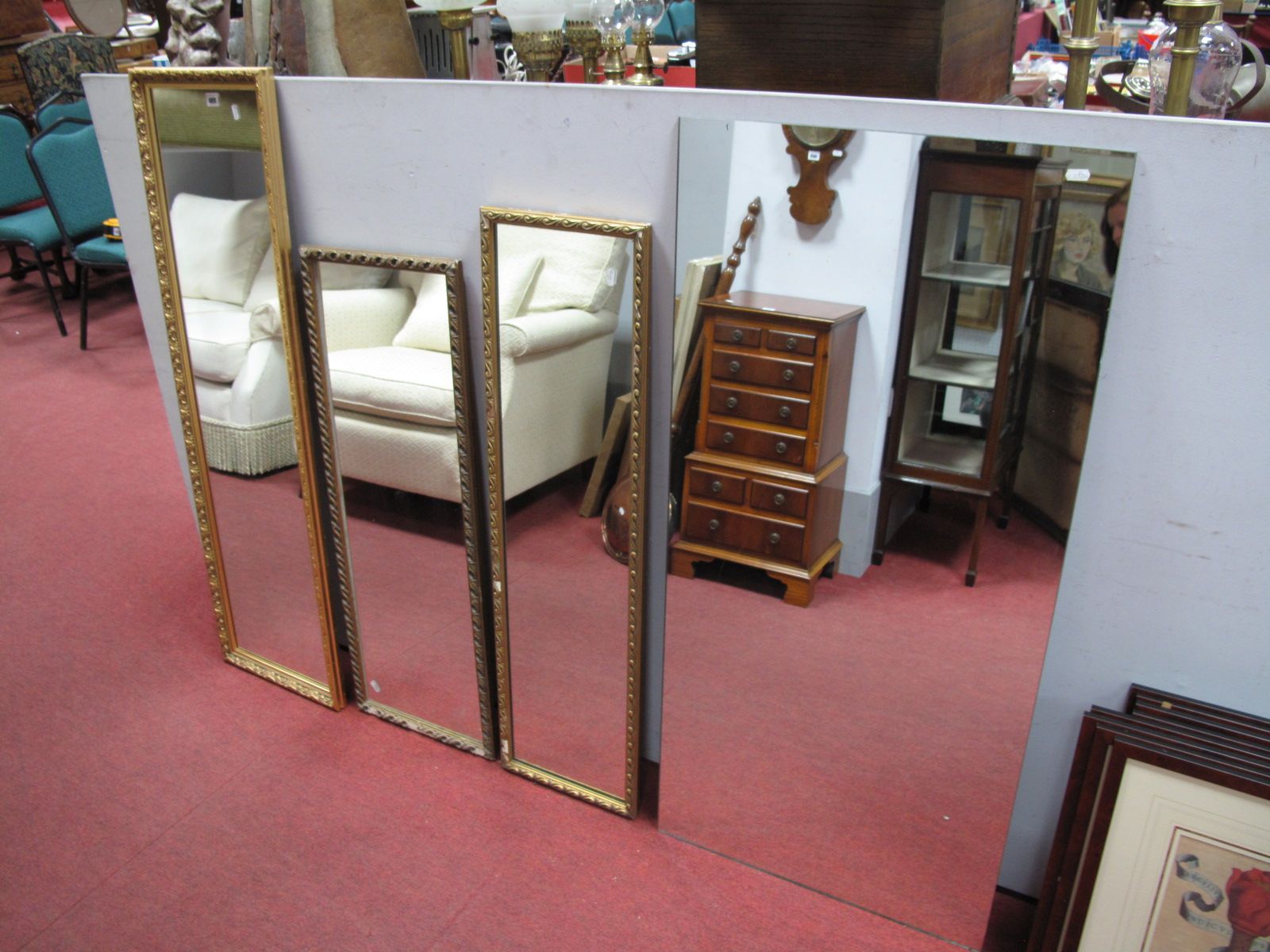 Three Gilt Framed Rectangular Wall Mirrors, another unframed. (4)