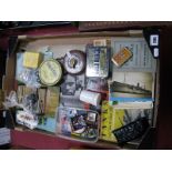 Vintage Advertising Tins, Chesterman tape measure, postcards, cloth and enamel badges, "O" gauge