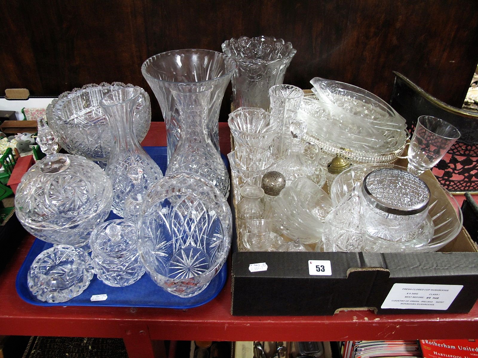 A Lead Crystal Basket, vases, decanters, dish and cover, pedestal bowl, and other glassware:- One