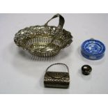 A Blue and White Transfer Printed Scent Bottle, together with a novelty miniature evening bag and