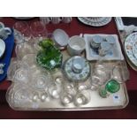 A XIX Century Green Glass Decanter, coffee cans, glassware, etc:- One Tray