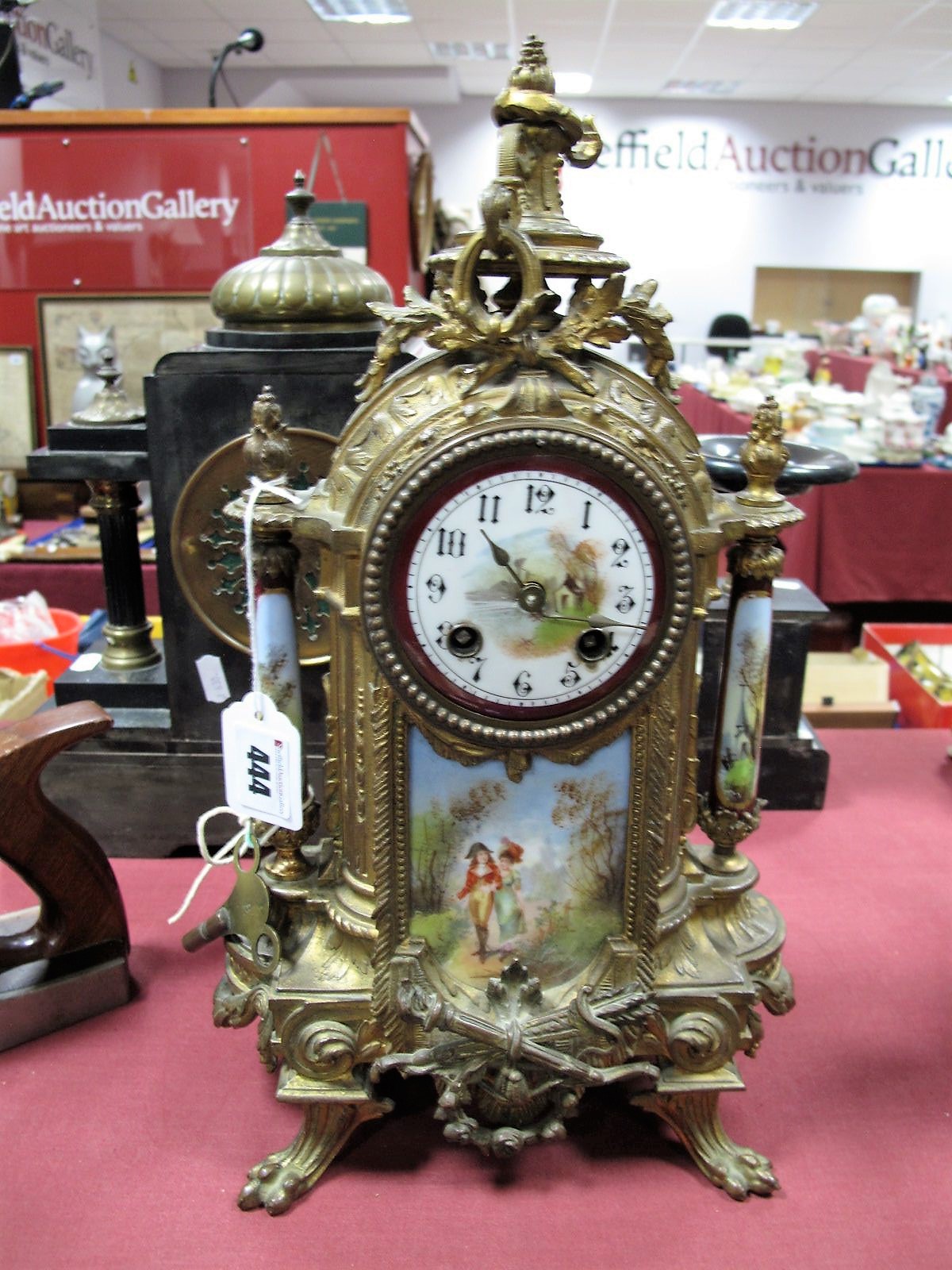 A Late XIX Century French Brass Cased Eight Day Mantel Clock, with enamel dial, Arabic numerals,