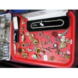 Assorted Costume Brooches, bead necklaces, etc:- One Tray