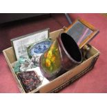 A XIX Century Mahogany Dressing Mirror, stamps, beadwork samples, evening bag, etc:- One Box