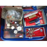 Assorted Gent's Cufflinks, wristwatches, Ingersoll pocketwatch, chains, pens, world coinage and bank