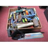 Hand Tools, including woodworking and electrical tools, in sectional wooden box.
