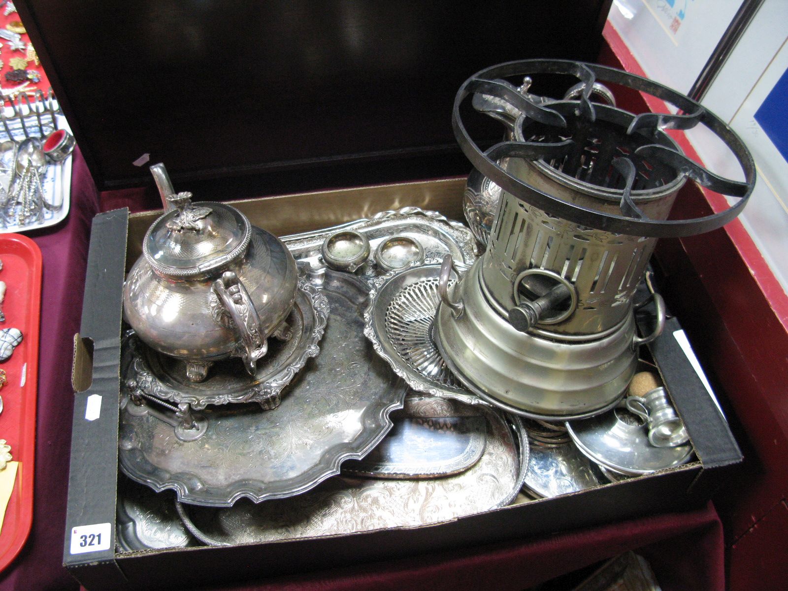 An Electroplated Twin Handled 'Apex' Burner, electroplated teapot, salvers, gallery tray, salts,