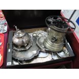 An Electroplated Twin Handled 'Apex' Burner, electroplated teapot, salvers, gallery tray, salts,