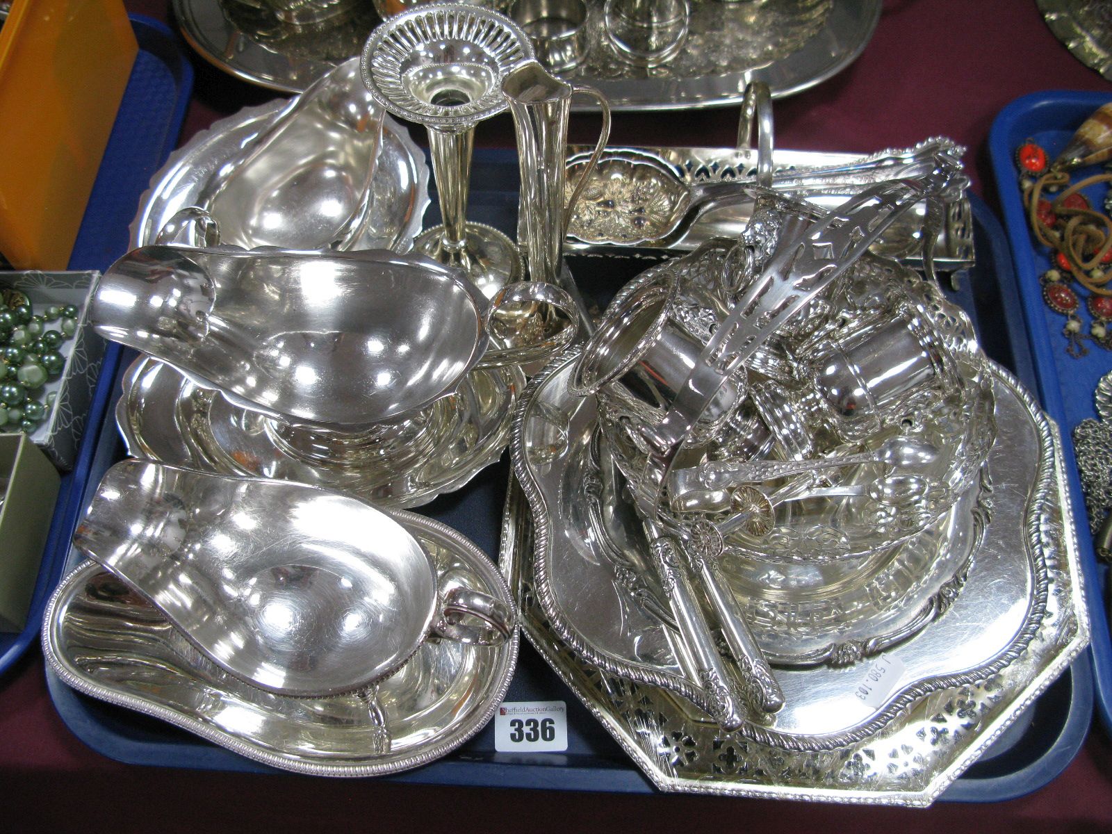 Assorted Plated Ware, including sauce boats on stands, bread board, hair curlers, berry spoons,