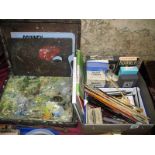 Artists Paints and Palette in Mahogany Case, brushes, palette pads, other artists equipment.