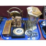 A Kundo Quartz Clock, 1920's brass dinner gong on an oak stand, a pair of miniatures, box of
