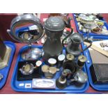 A XIX Century Pewter Jug, 'I.B' to lid, mini miners lamp, etc:- One Tray