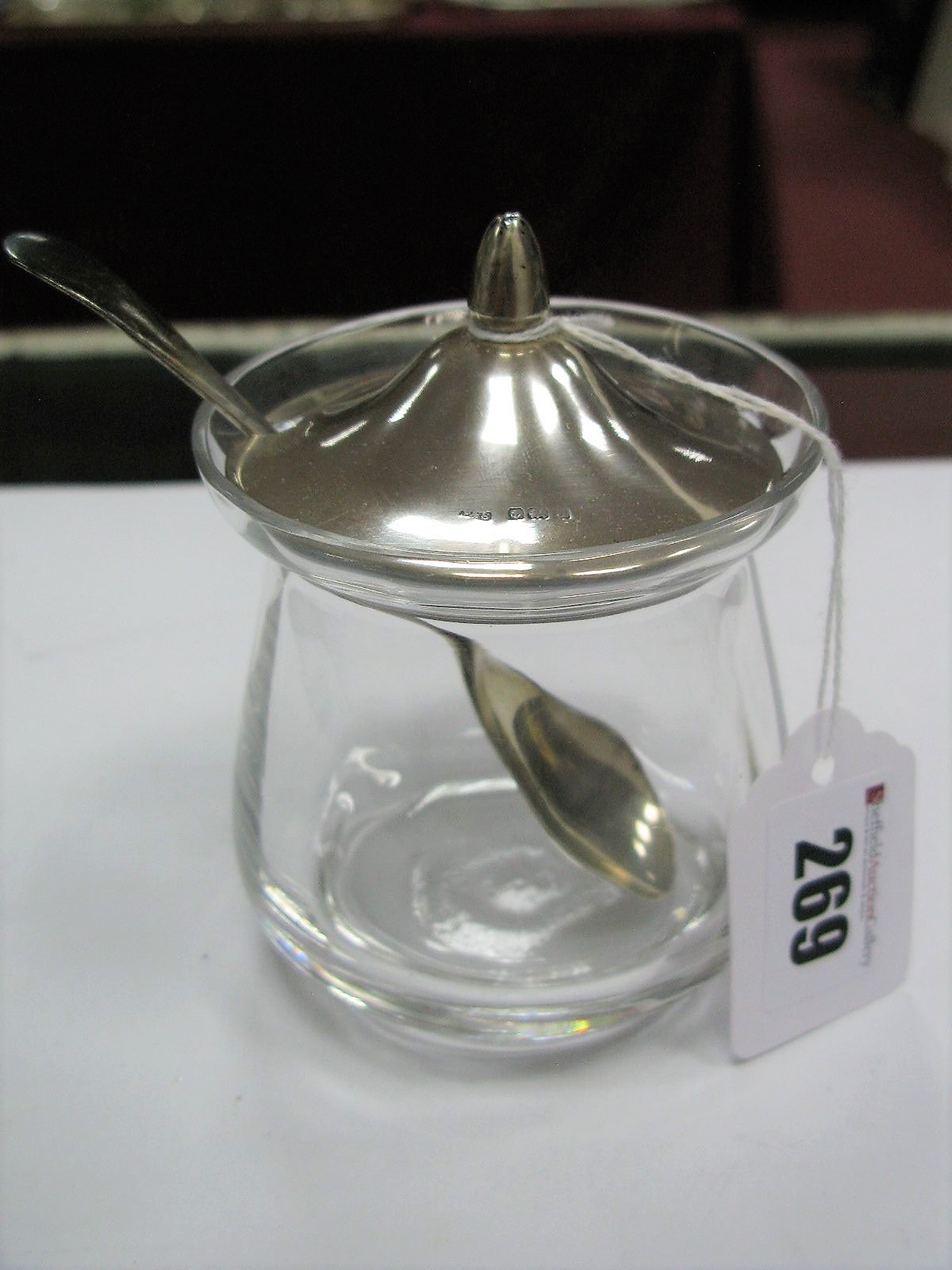 A Hallmarked Silver Lidded Glass Preserve Jar, together with matching spoon.