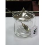 A Hallmarked Silver Lidded Glass Preserve Jar, together with matching spoon.