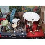 Games Set, cased cutlery, sundaes, etc:- One Box, fire dogs, alabaster fruit bowl.