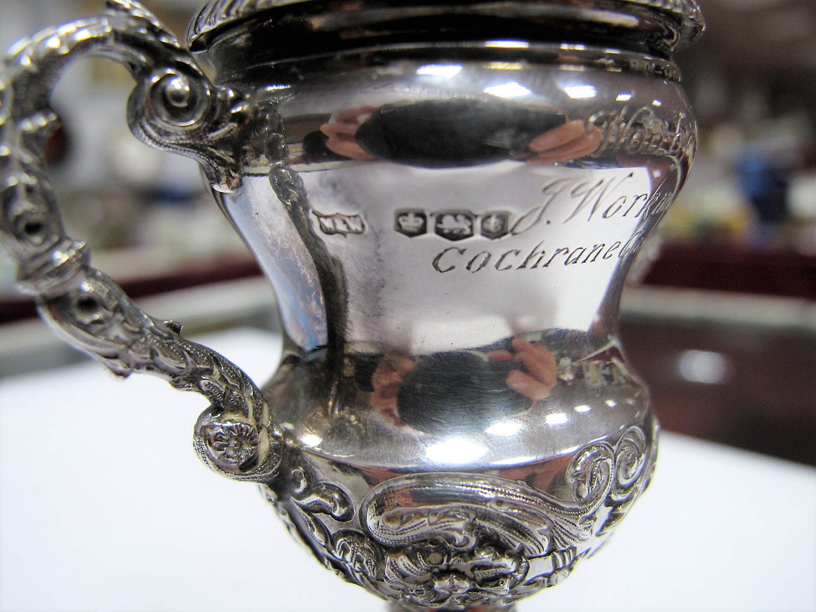 A Hallmarked Silver Miniature Trophy, Mappin & Webb, Sheffield 1936, engraved inscription "Replica - Image 9 of 12